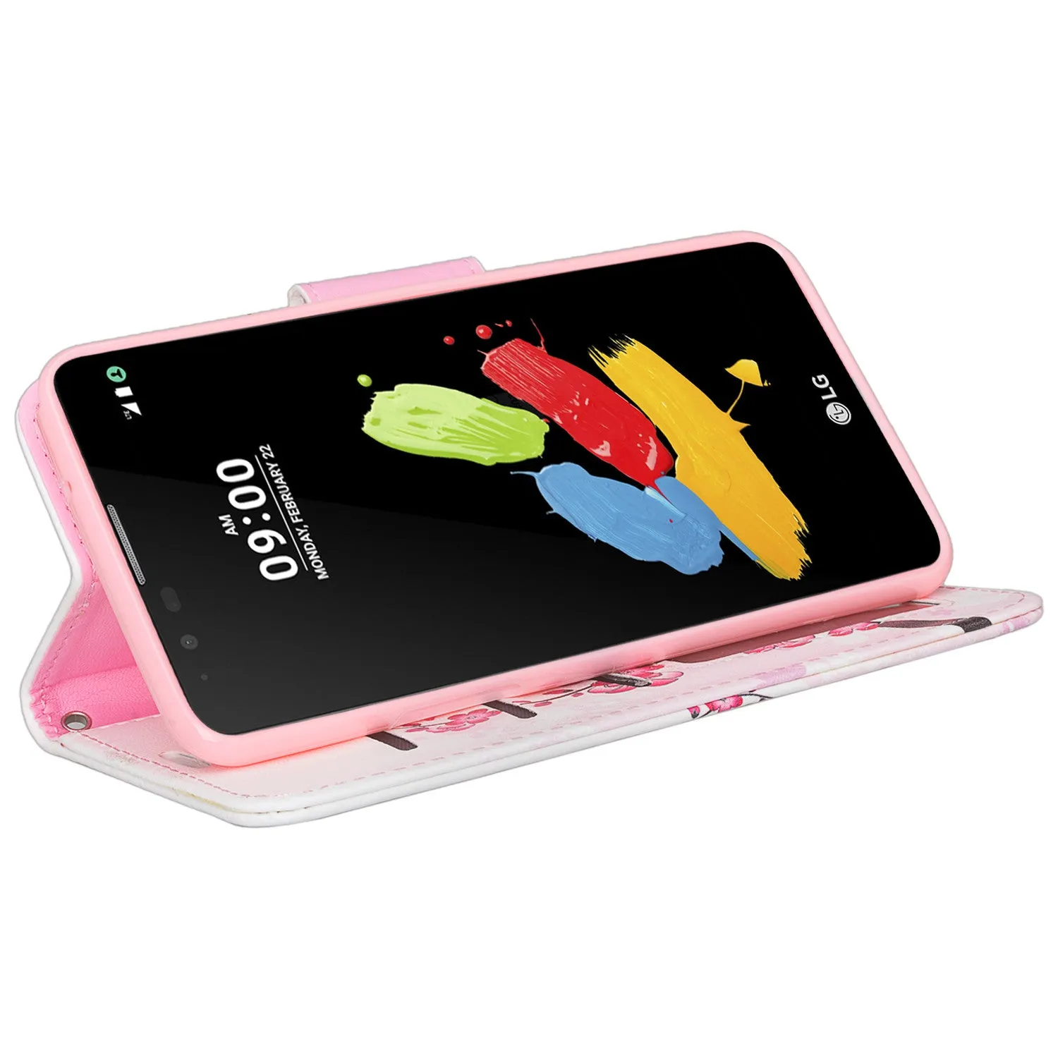 LG Stylo 3 Case, LG Stylo 3 Plus Wallet Case, Wrist Strap Magnetic Fold [Kickstand] Slim Pu Leather Wallet Case with ID & Card Slots for Stylo 3 / Stylo 3 Plus - Cherry Blossom
