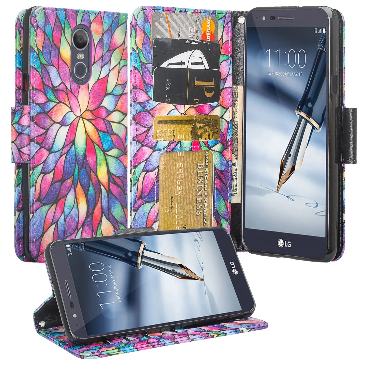 LG Stylo 4 Case, Stylo 4 Plus, Q Stylus Wallet Case, Wrist Strap Pu Leather Wallet Case [Kickstand] with ID & Credit Card Slots - Rainbow Flower