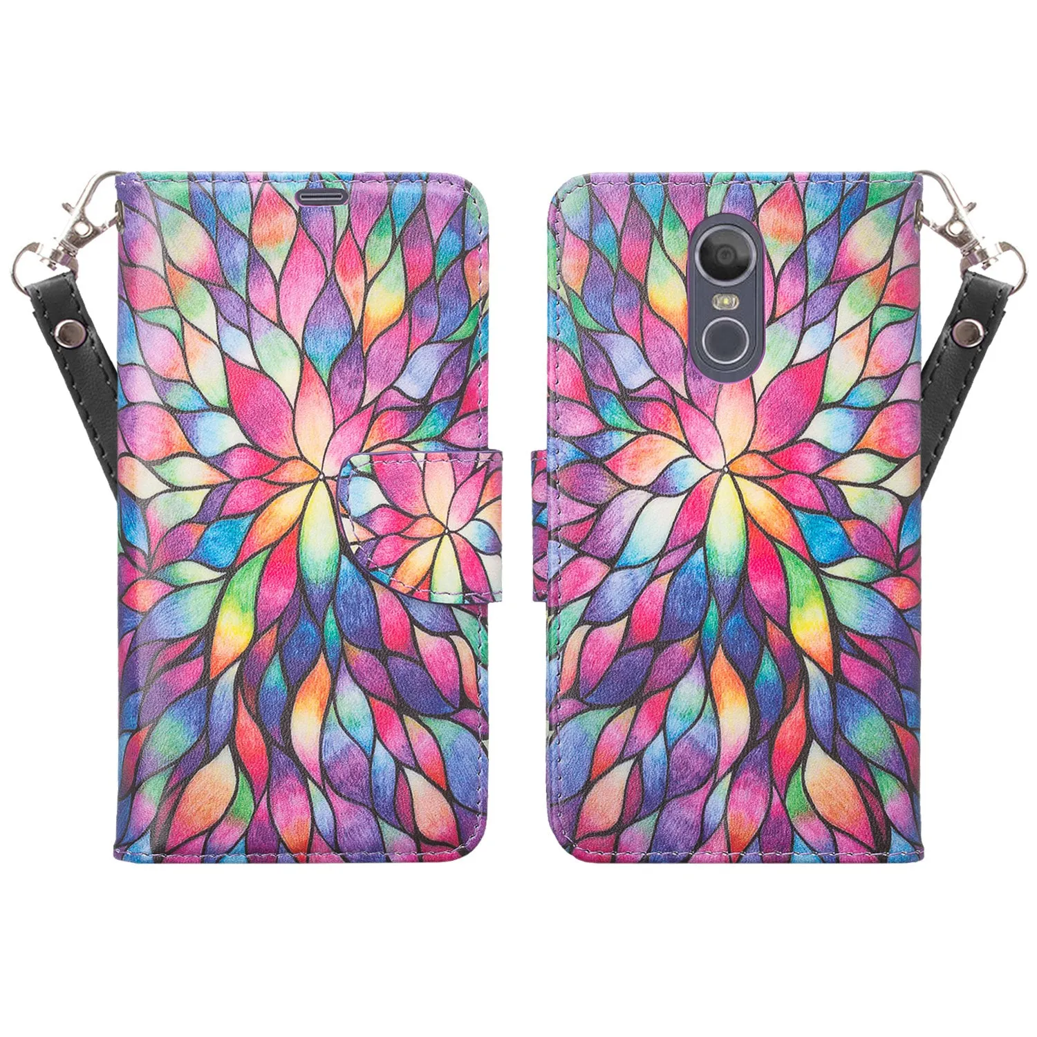 LG Stylo 4 Case, Stylo 4 Plus, Q Stylus Wallet Case, Wrist Strap Pu Leather Wallet Case [Kickstand] with ID & Credit Card Slots - Rainbow Flower