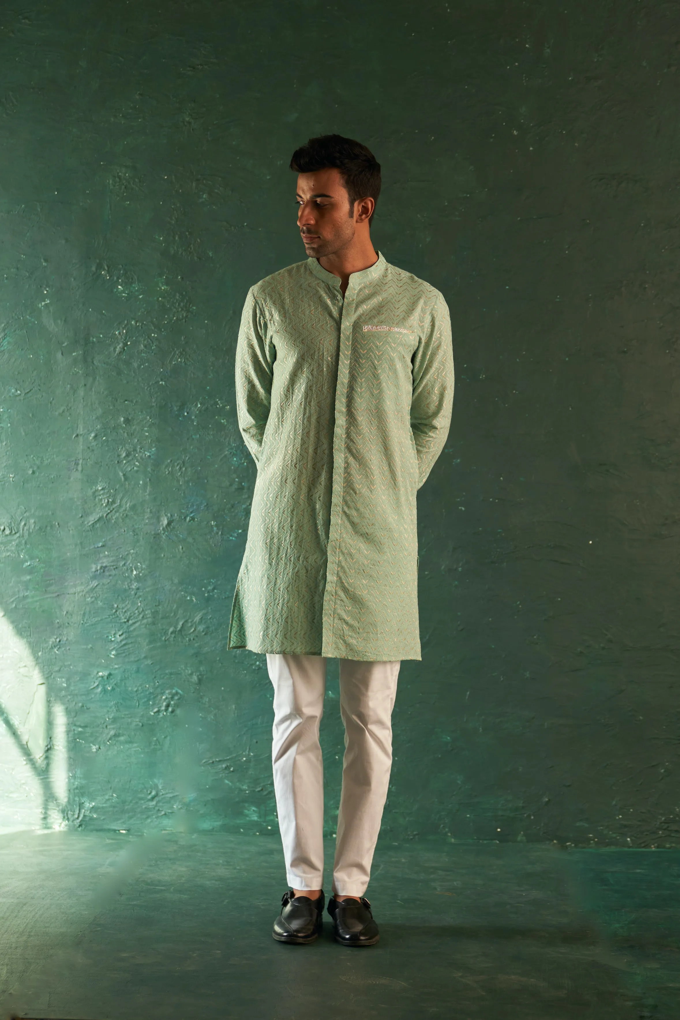 Midas Aqua Green Chevron Kurta With Pant - Set of 2