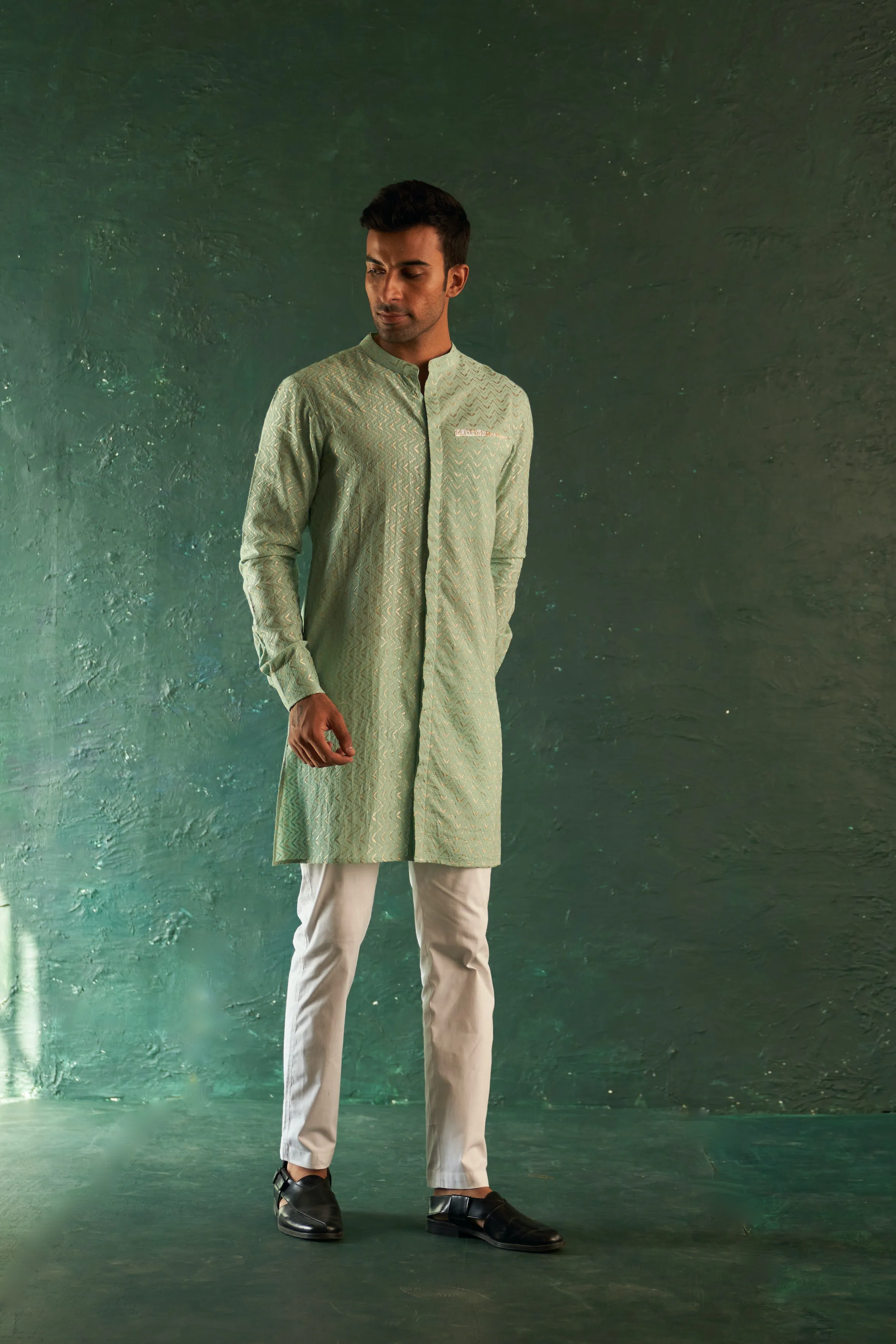 Midas Aqua Green Chevron Kurta With Pant - Set of 2