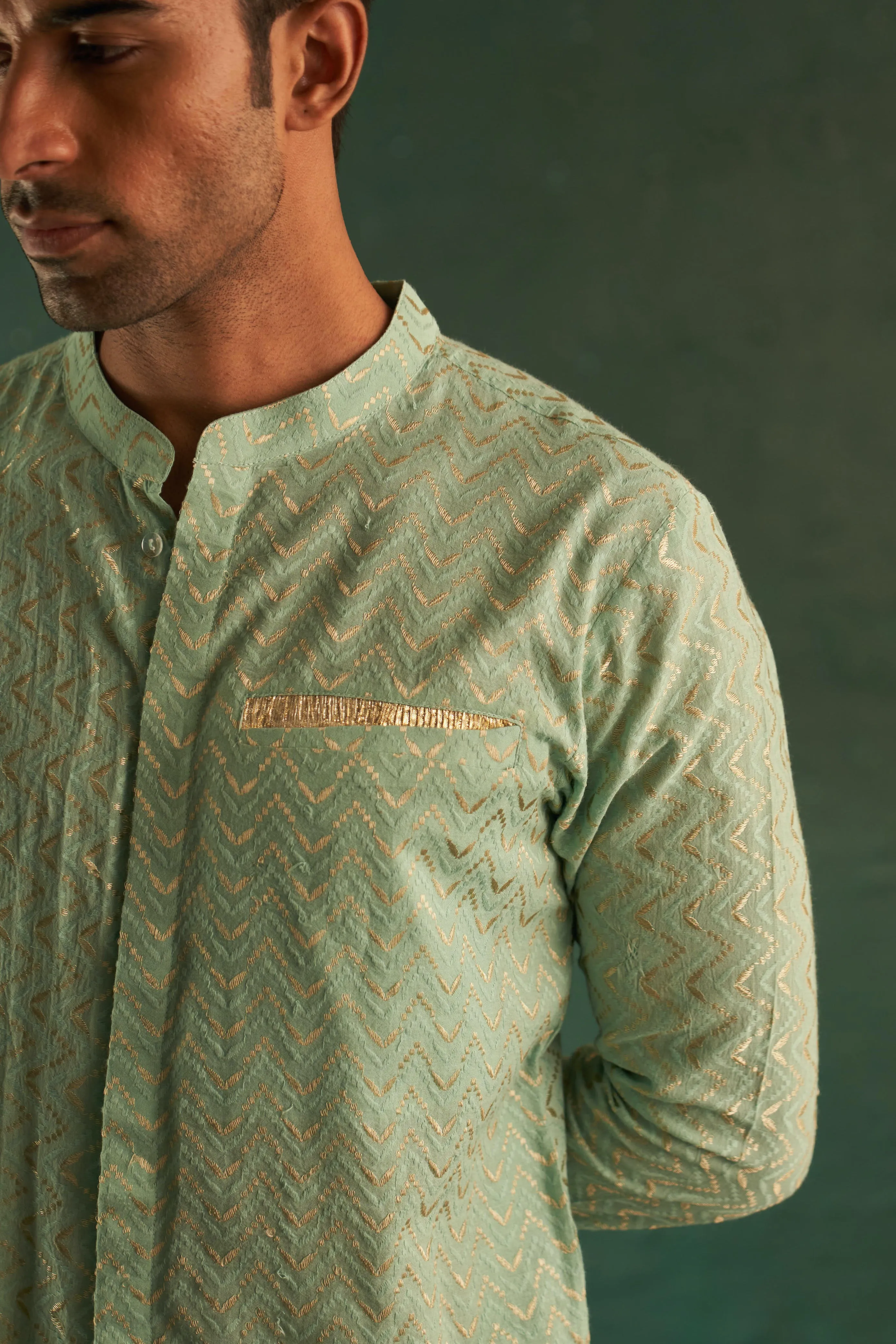 Midas Aqua Green Chevron Kurta With Pant - Set of 2