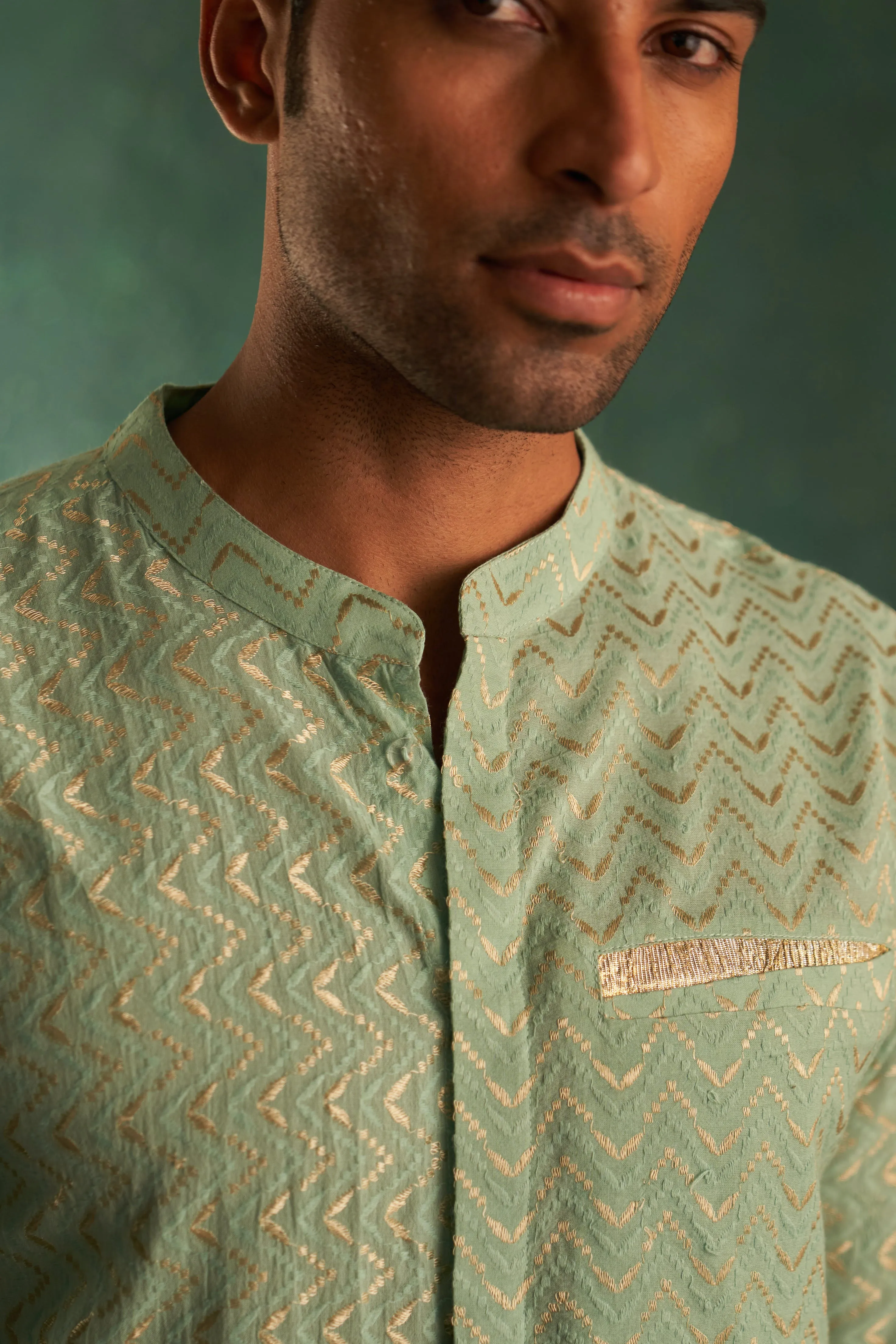 Midas Aqua Green Chevron Kurta With Pant - Set of 2