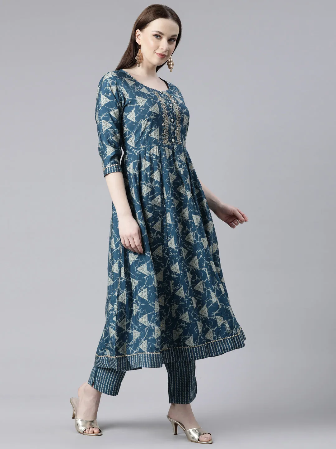 Neeru's Blue Regular Calf Length Printed Readymade Suits