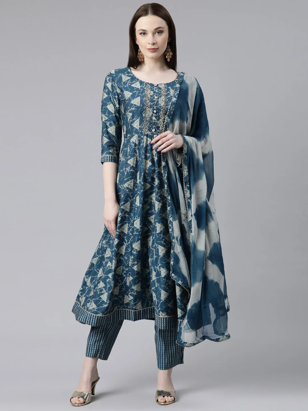 Neeru's Blue Regular Calf Length Printed Readymade Suits