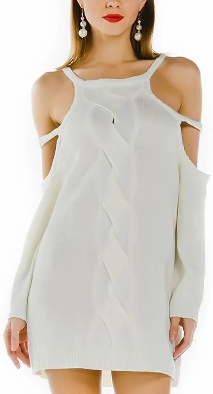 Open-Shoulder Long Knit Sweater in White