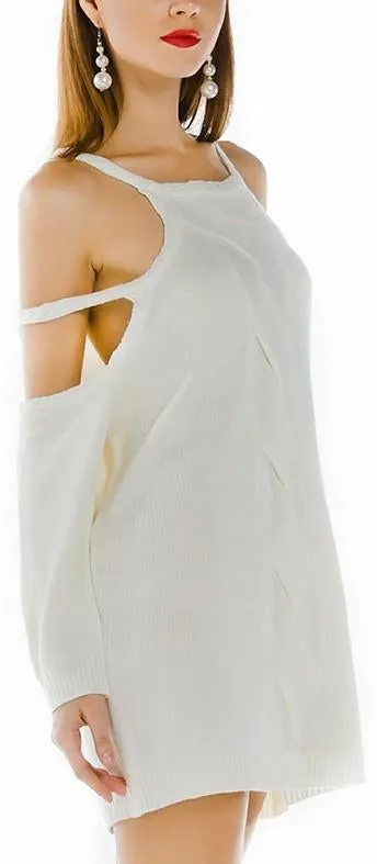 Open-Shoulder Long Knit Sweater in White
