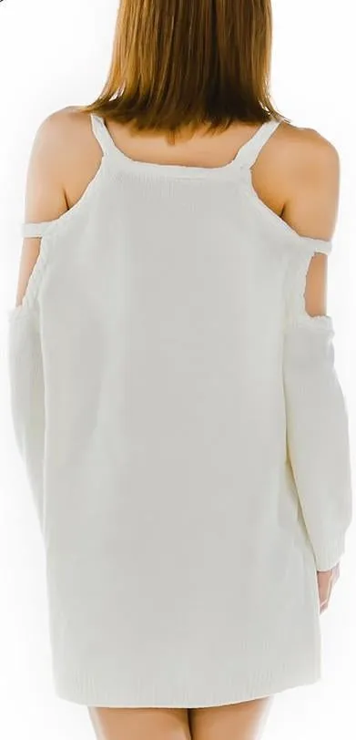 Open-Shoulder Long Knit Sweater in White