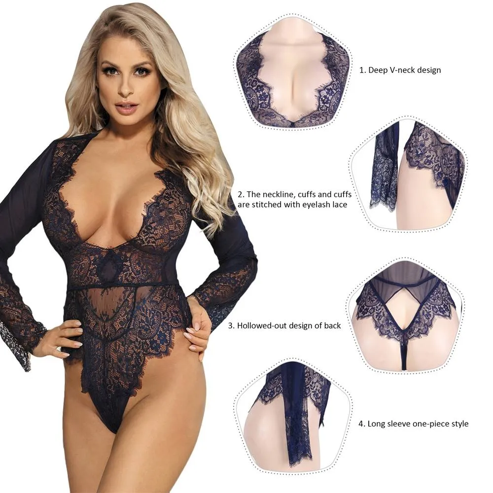Plus Size Rose Red Exquisite Lace Sleeve Teddy