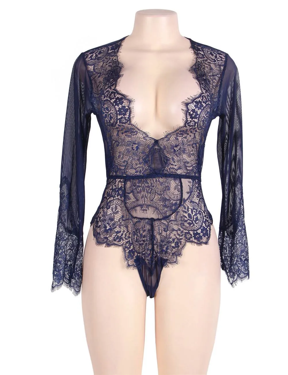 Plus Size Rose Red Exquisite Lace Sleeve Teddy