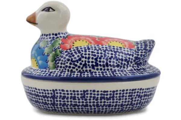 Polish Pottery 7" Duck Shaped Jar Spotted Garden UNIKAT