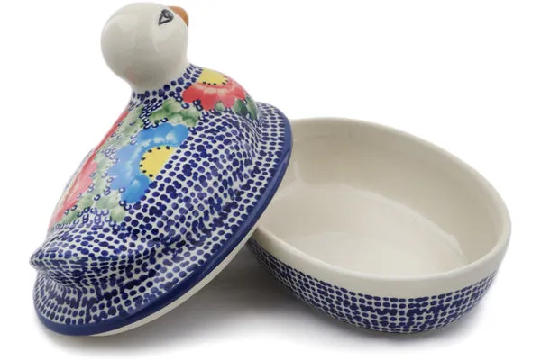 Polish Pottery 7" Duck Shaped Jar Spotted Garden UNIKAT