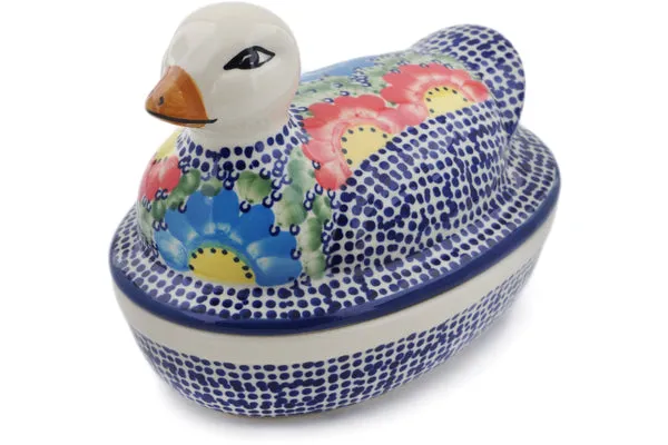 Polish Pottery 7" Duck Shaped Jar Spotted Garden UNIKAT