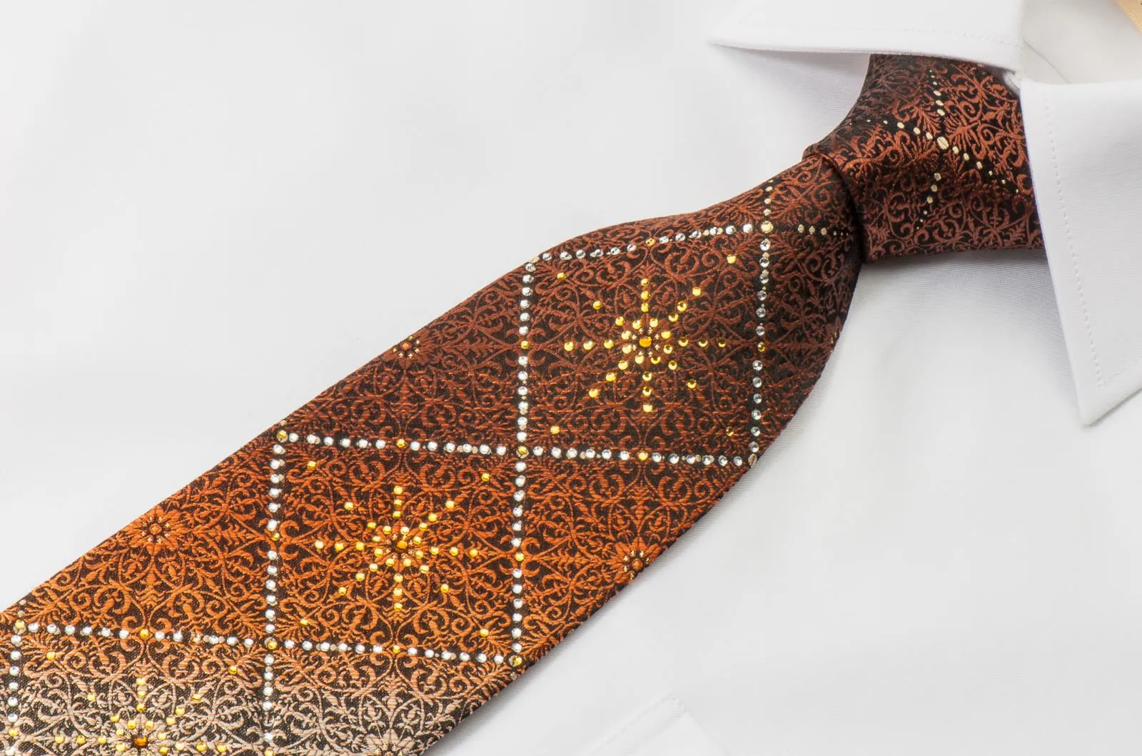 Remizio Men's Woven Silk Rhinestone Necktie Brown Orange Damask Design
