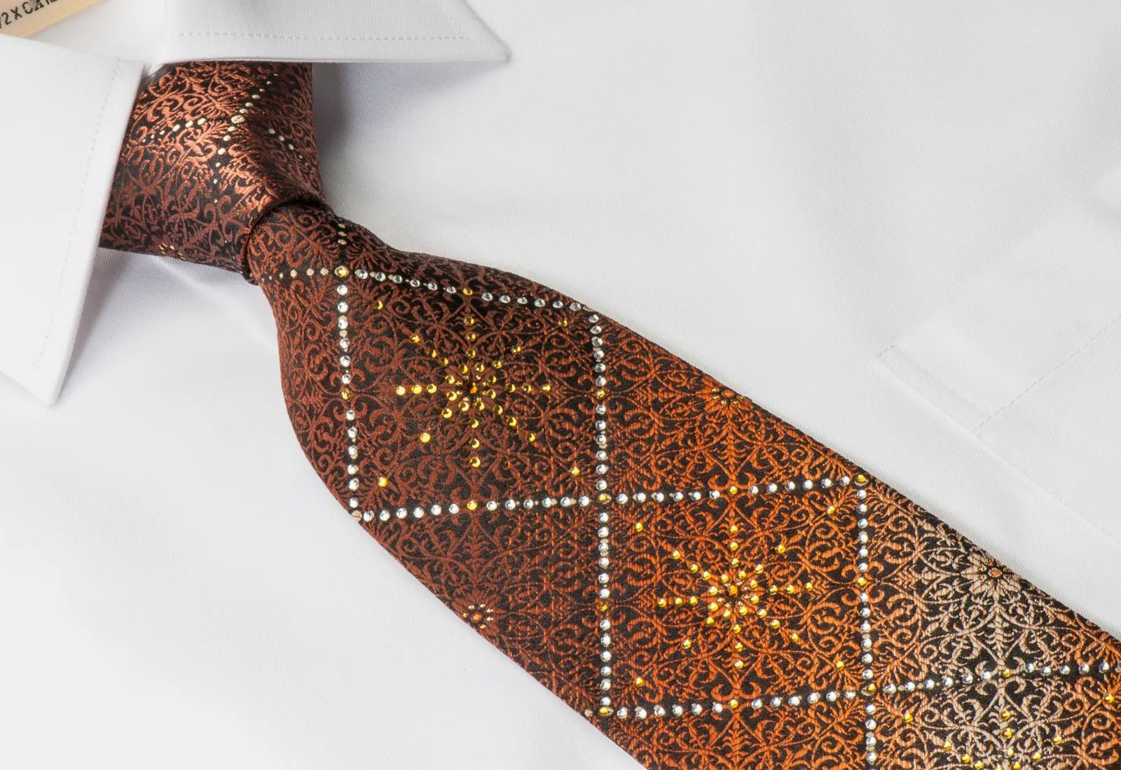 Remizio Men's Woven Silk Rhinestone Necktie Brown Orange Damask Design