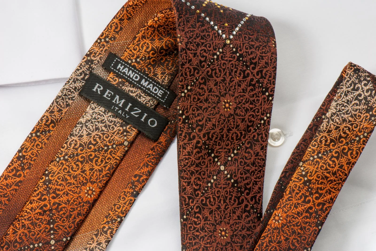 Remizio Men's Woven Silk Rhinestone Necktie Brown Orange Damask Design