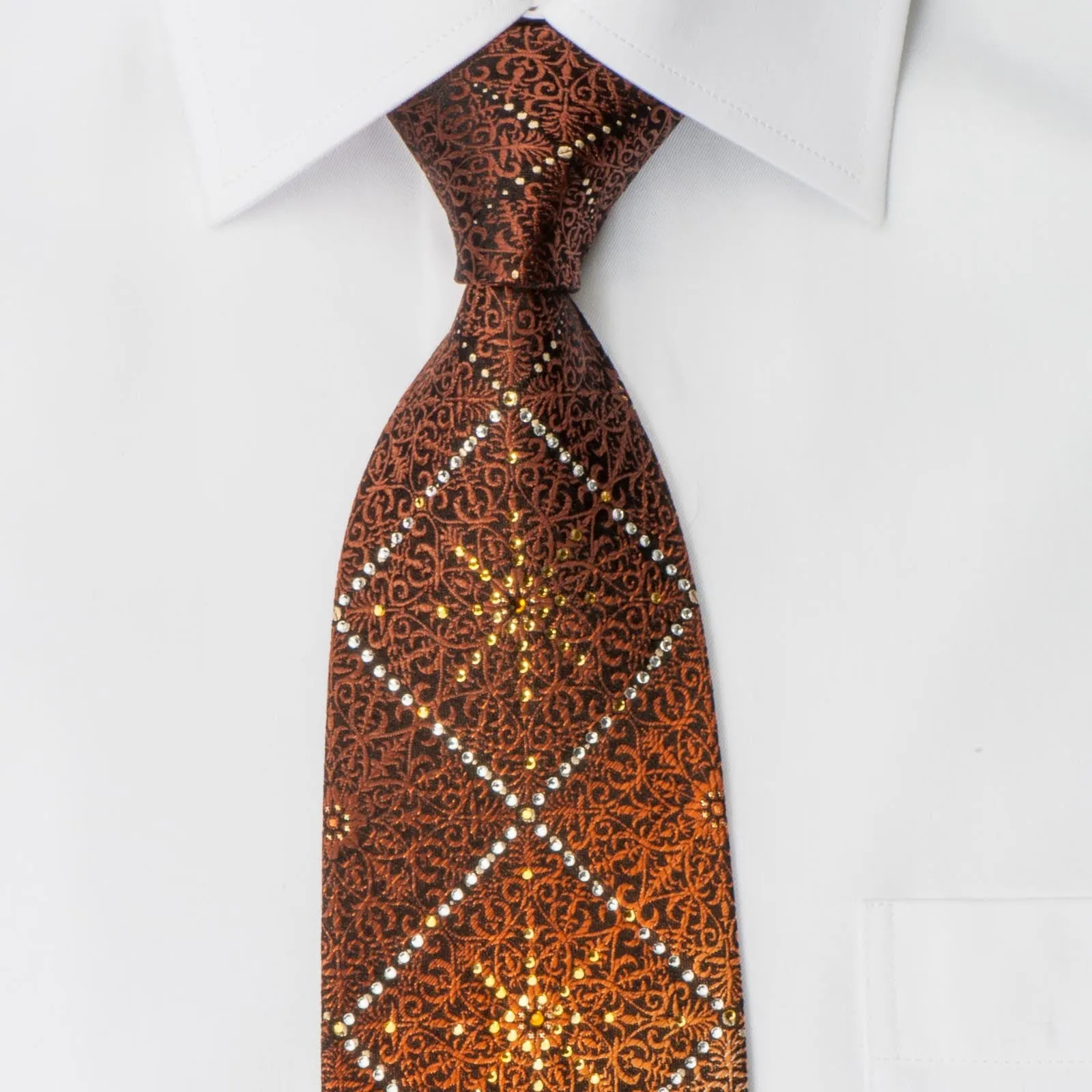 Remizio Men's Woven Silk Rhinestone Necktie Brown Orange Damask Design