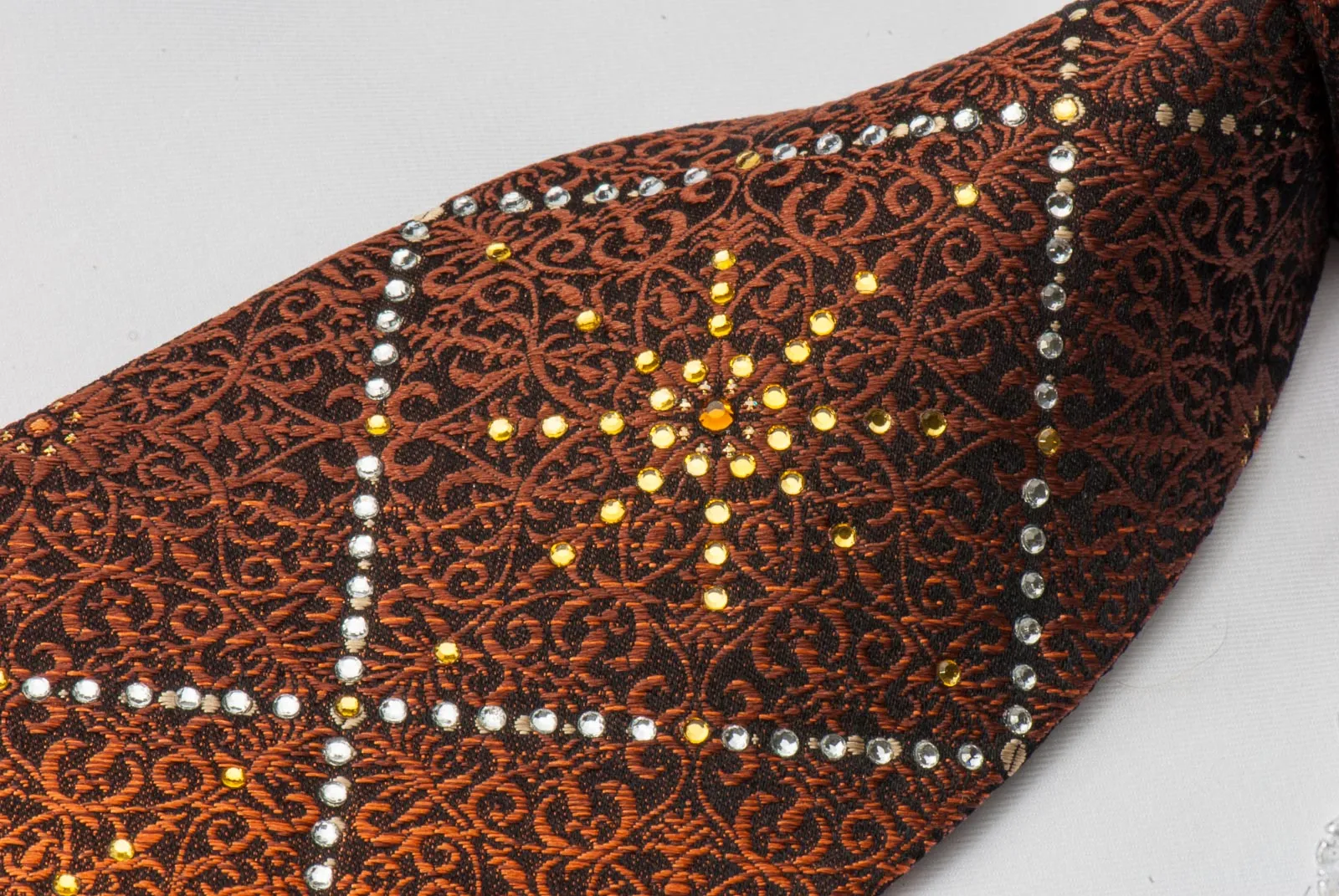 Remizio Men's Woven Silk Rhinestone Necktie Brown Orange Damask Design