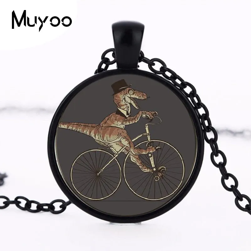 Resin Dapper Dinosaur On a Bike Pendant Vintage Chain Statement Necklace