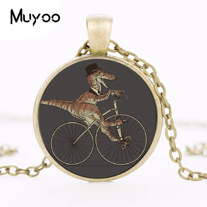 Resin Dapper Dinosaur On a Bike Pendant Vintage Chain Statement Necklace