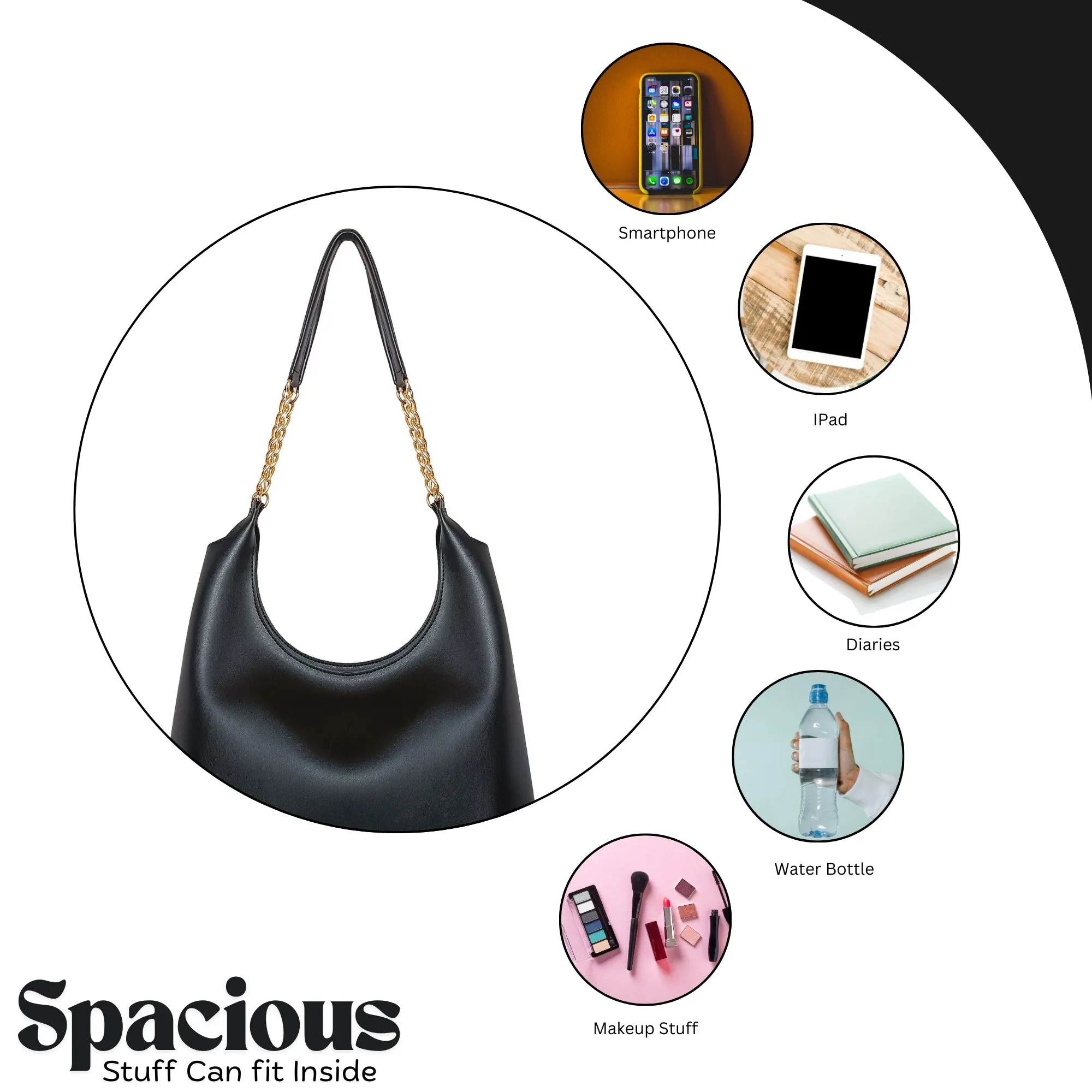 Shoulder Hobo Chain Bag Black | Vegan Leather Women & Girl's Handbag