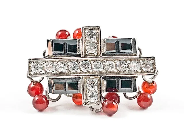 Unique Rectangle Shape Black CZs With Cross CZ Design Small Red Ball Dangling Charms Frame Silver Ring