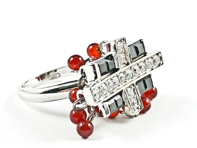 Unique Rectangle Shape Black CZs With Cross CZ Design Small Red Ball Dangling Charms Frame Silver Ring