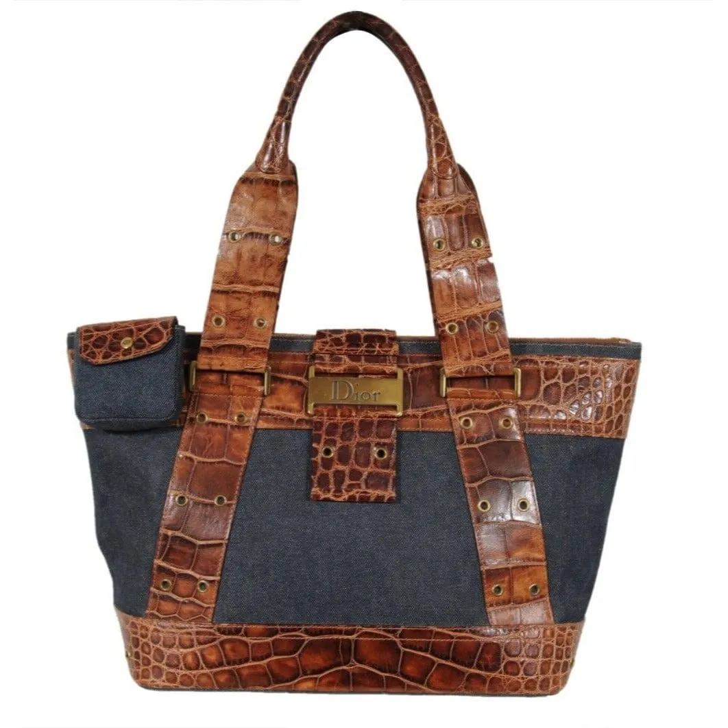 Vintage 2002 Blue Denim Street Chic Tote Shoulder Bag Alligator