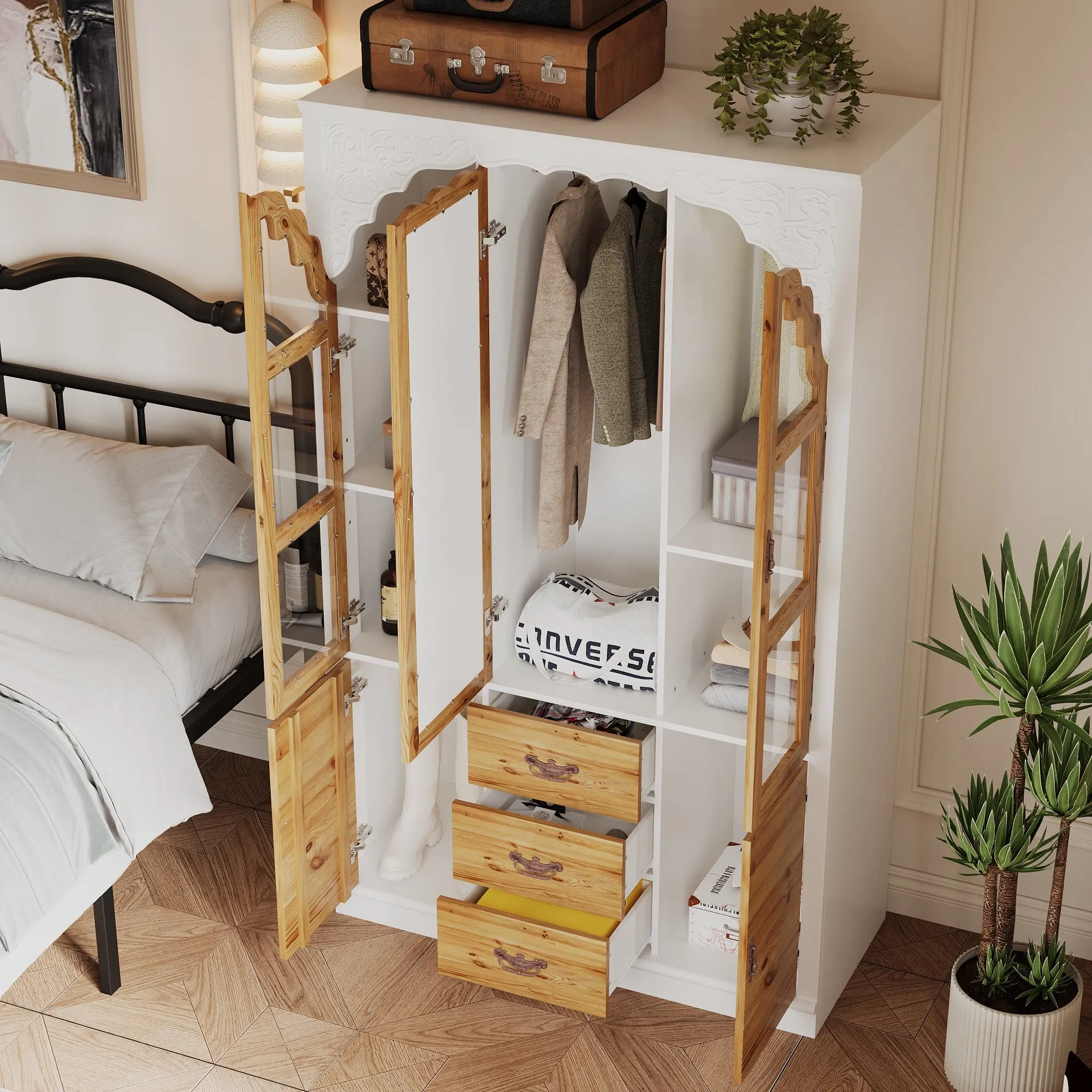 Wardrobe With Exquisite Carvings and Mirror
