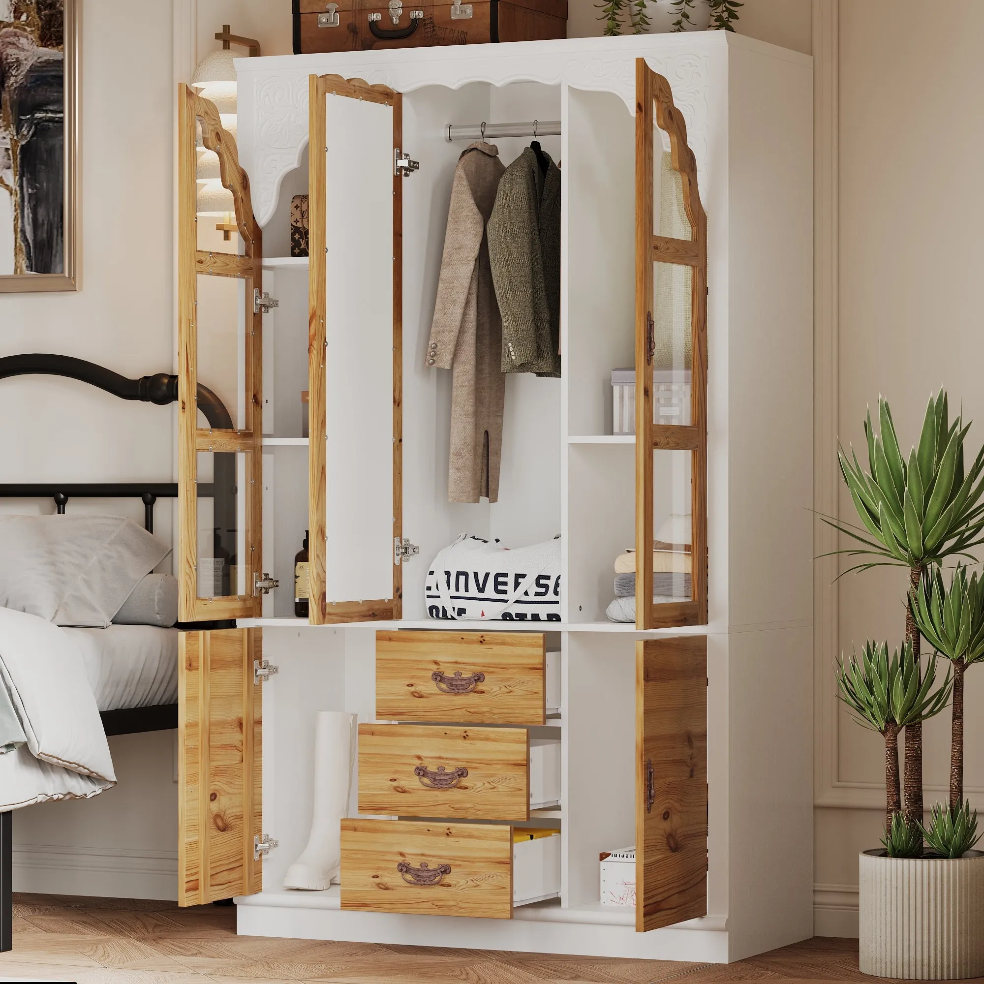 Wardrobe With Exquisite Carvings and Mirror