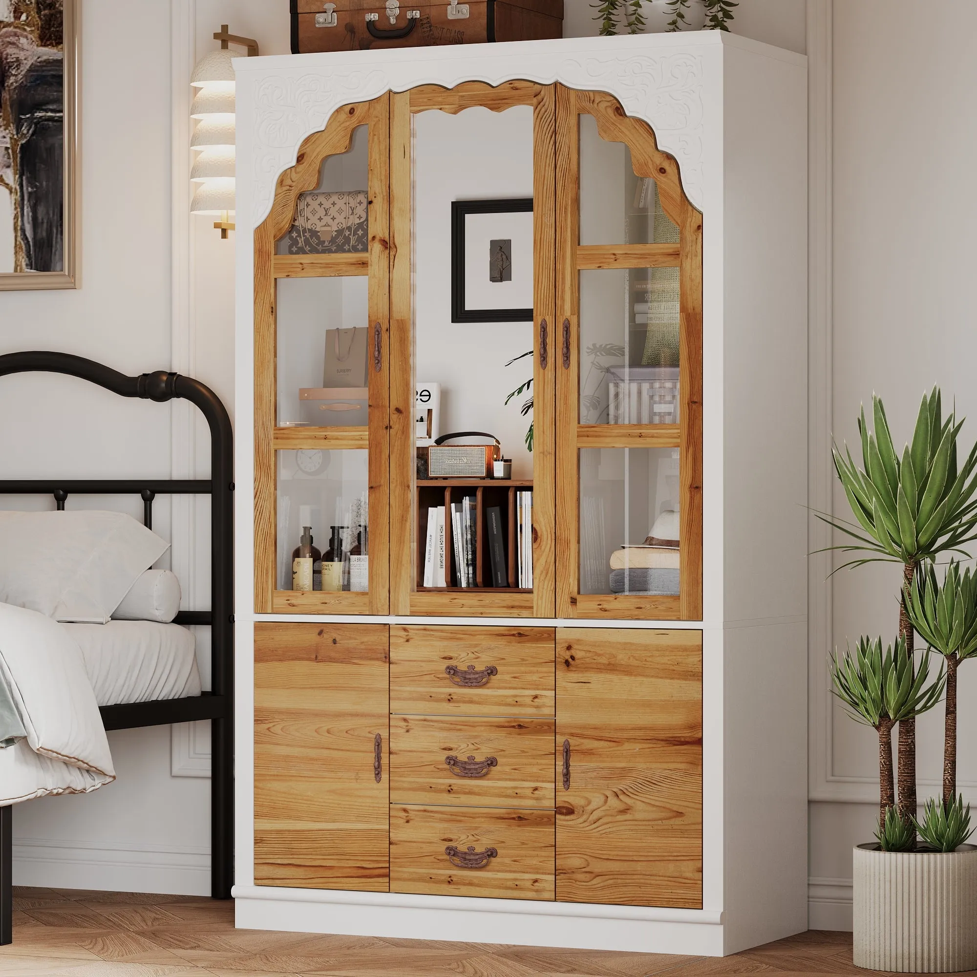 Wardrobe With Exquisite Carvings and Mirror