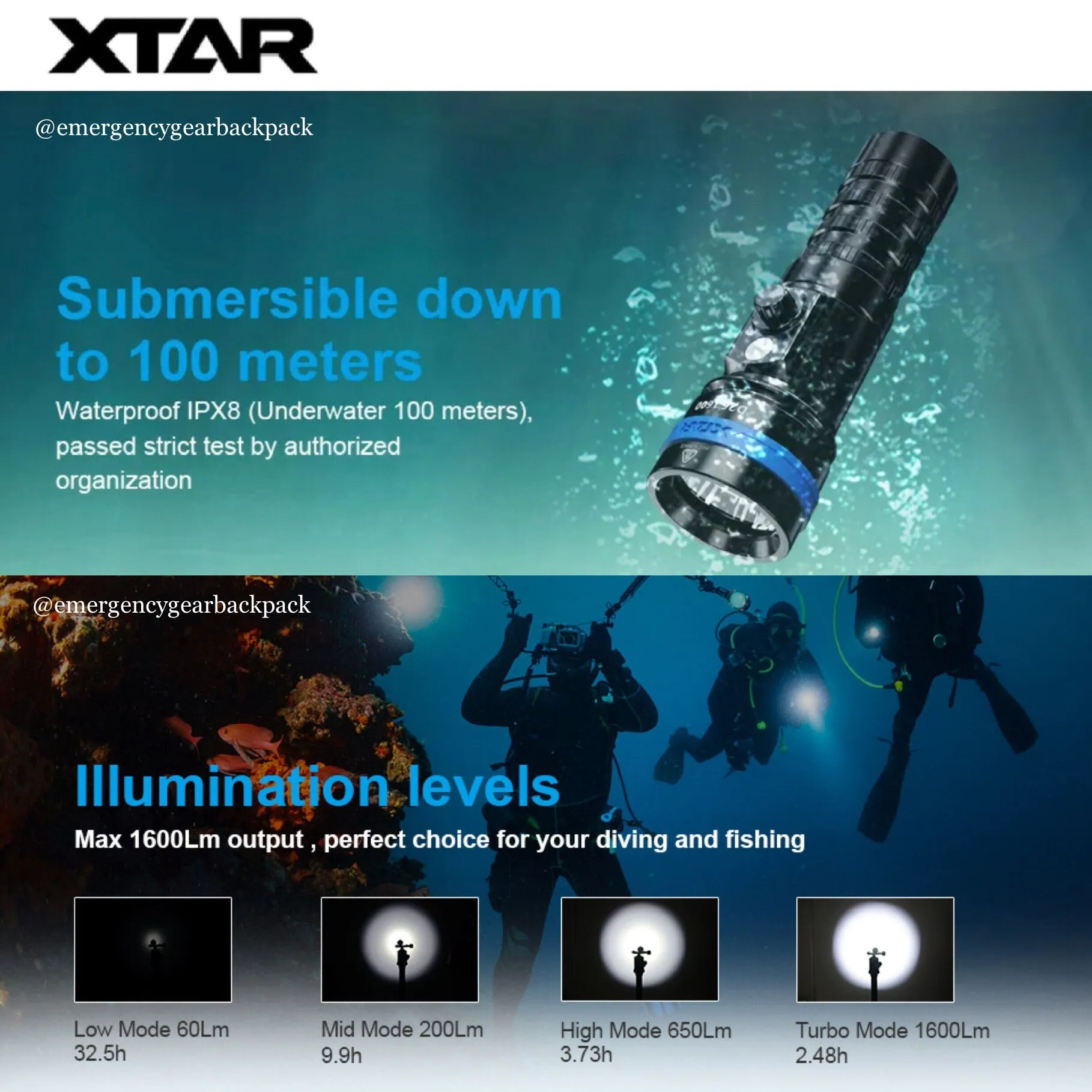XTAR D26 1600 100M Diving Flashlight