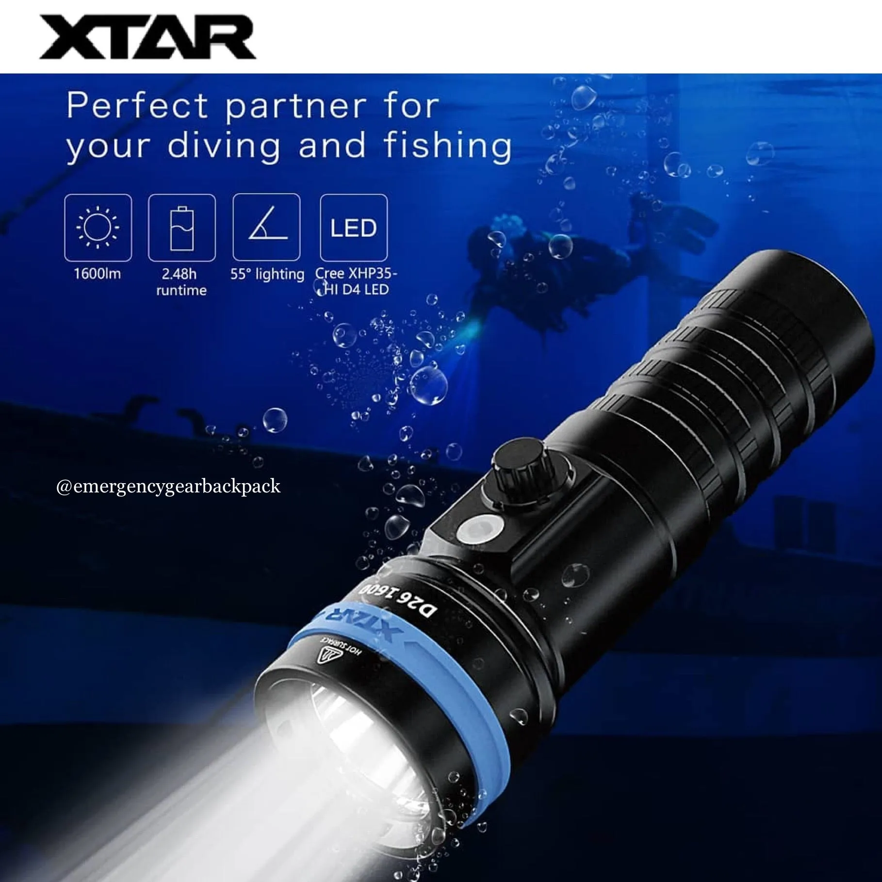 XTAR D26 1600 100M Diving Flashlight